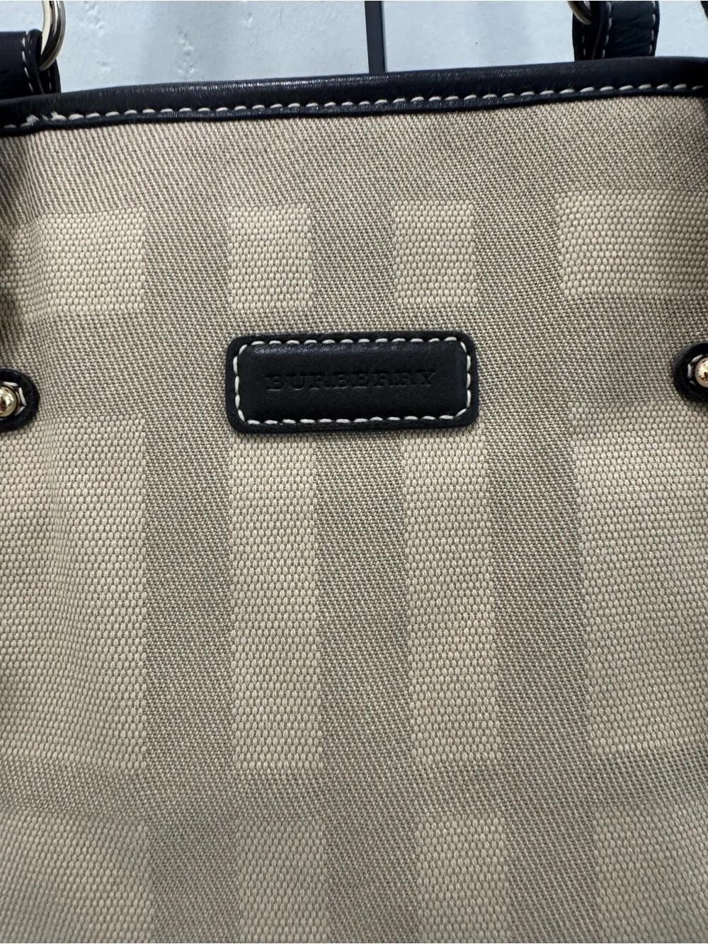 Burberry Beige Plaid Canvas Tote with Dark Brown Leather Trim